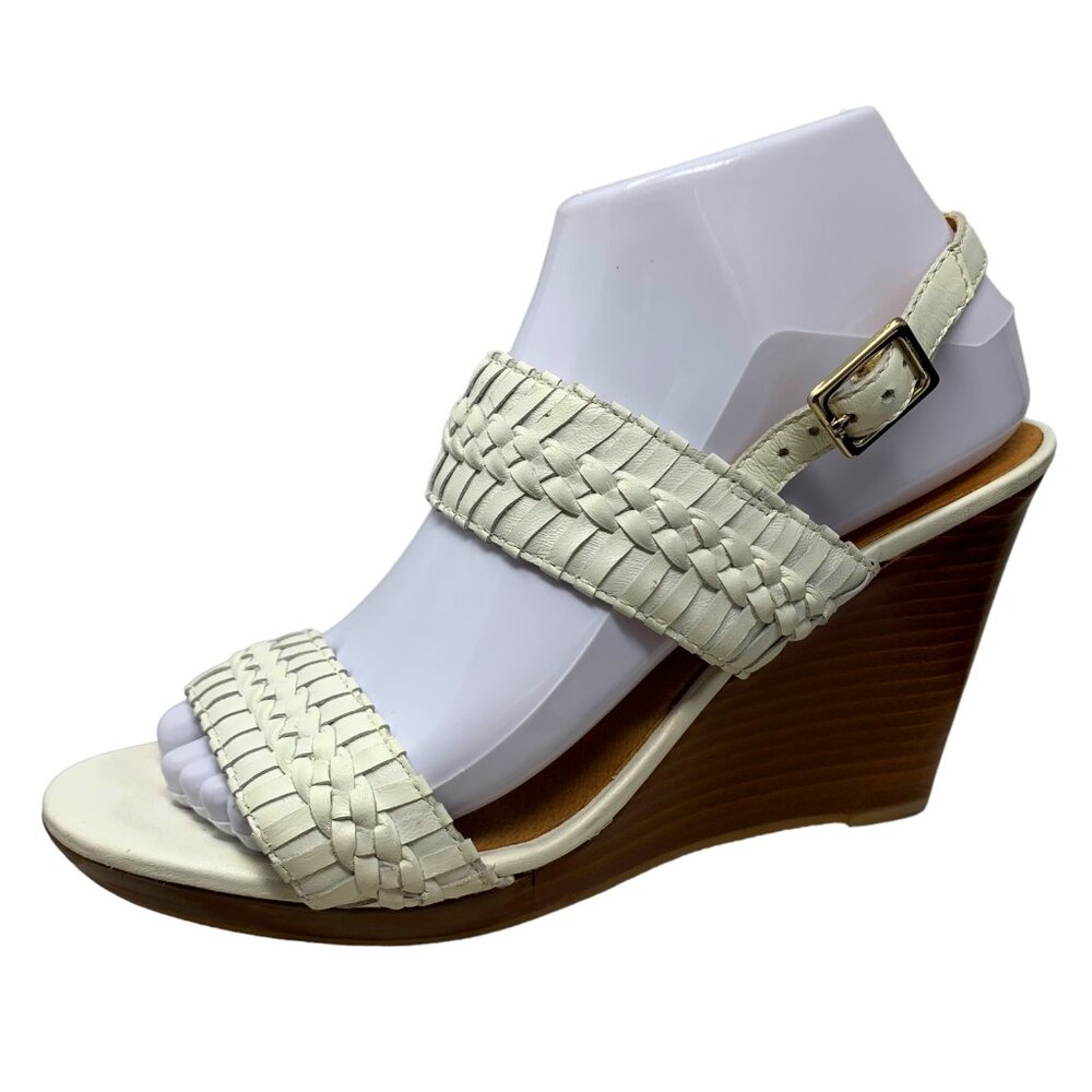 Jack Rogers Tinsely White Leather‎ Whipstitch High Wedge Sandals